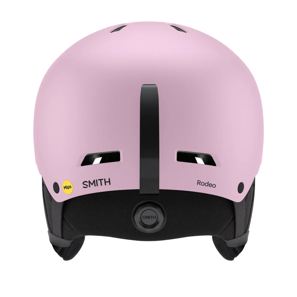 A matte pink Smith Rodeo Mips helmet that is designed for skiing and snowboarding and features Mips protection.