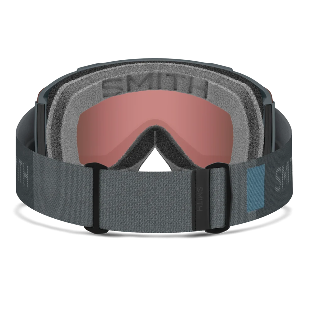 Rear view of the Smith Squad Low Bridge Fit Goggles featuring an adjusted low-bridge frame contour, cylindrical Carbonic-x ChromaPop lens, multi-layer DriWix face foam, and a silicone-backed adjustable strap.