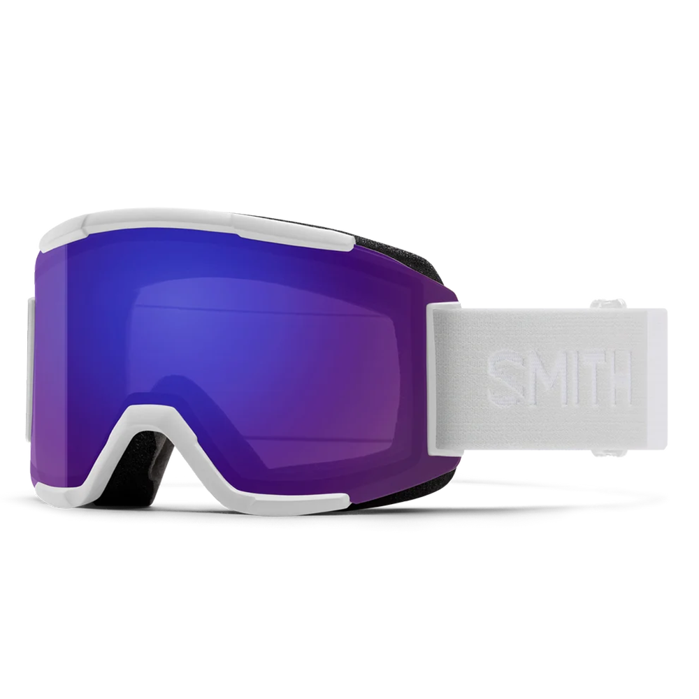 Front view of the Smith Squad Goggles 2027 featuring a low-profile semi-rimless frame, cylindrical Carbonic-x ChromaPop lens, dual-layer DriWix face foam, and a silicone-backed QuickFit strap.