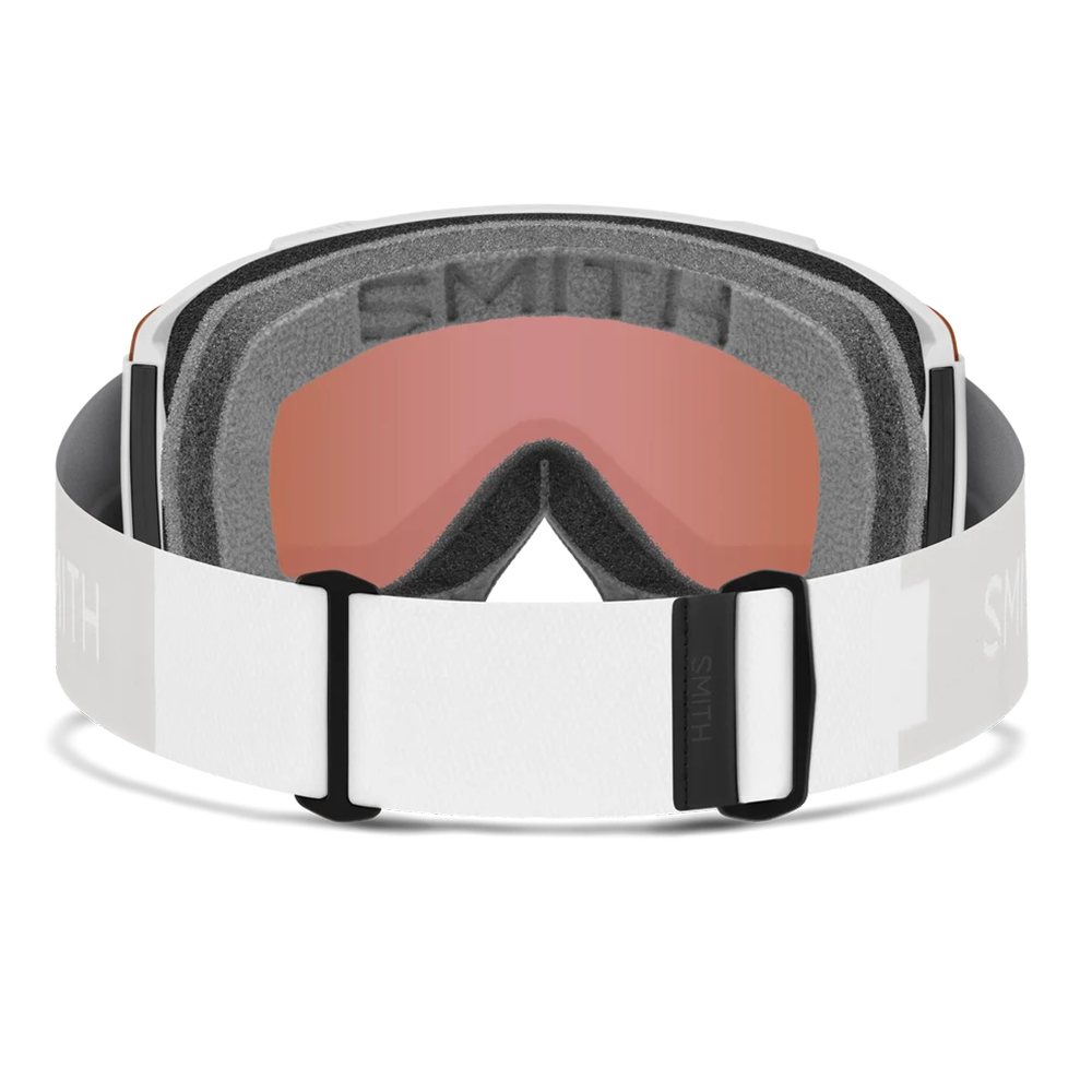 Rear view of the Smith Squad Goggles 2027 featuring a low-profile semi-rimless frame, cylindrical Carbonic-x ChromaPop lens, dual-layer DriWix face foam, and a silicone-backed QuickFit strap.