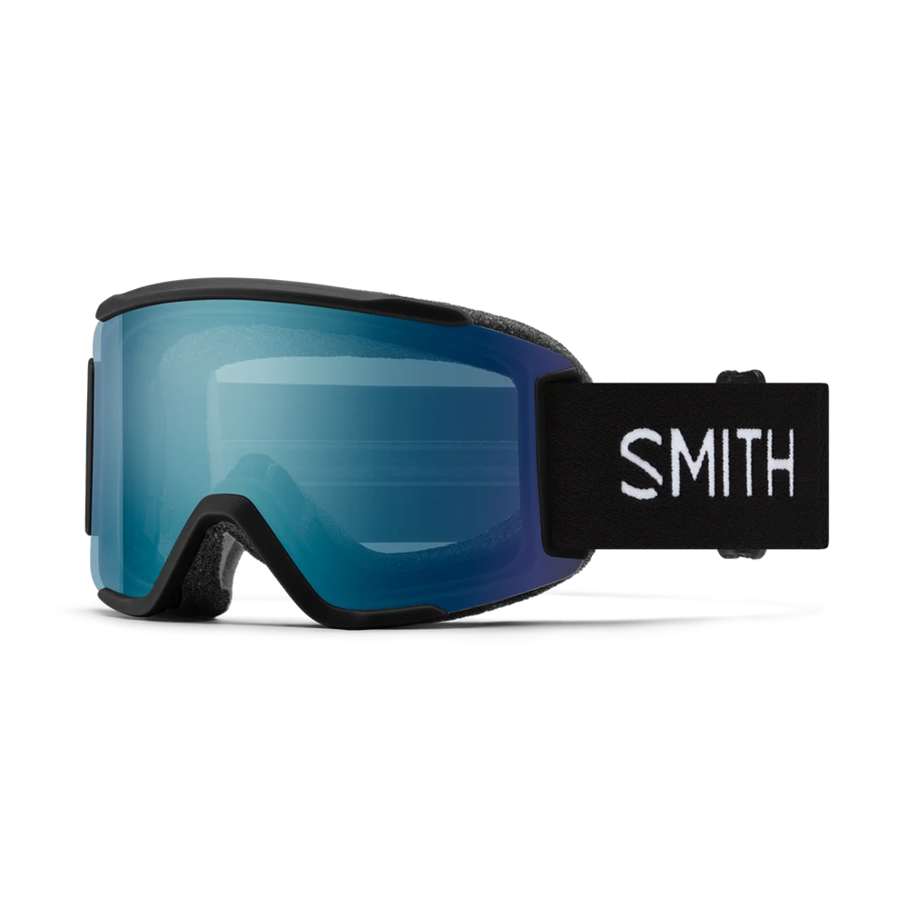 Front view of the Smith Squad S Goggles featuring a scaled-down semi-rimless frame, cylindrical Carbonic-x ChromaPop lens, DriWix face foam, and an adjustable silicone-backed strap.
