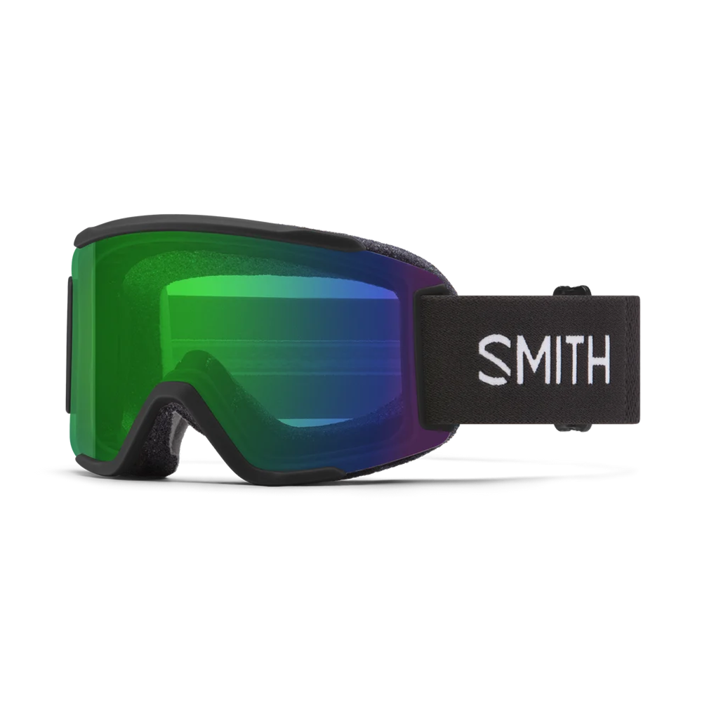 Front view of the Smith Squad S Goggles featuring a scaled-down semi-rimless frame, cylindrical Carbonic-x ChromaPop lens, DriWix face foam, and an adjustable silicone-backed strap.