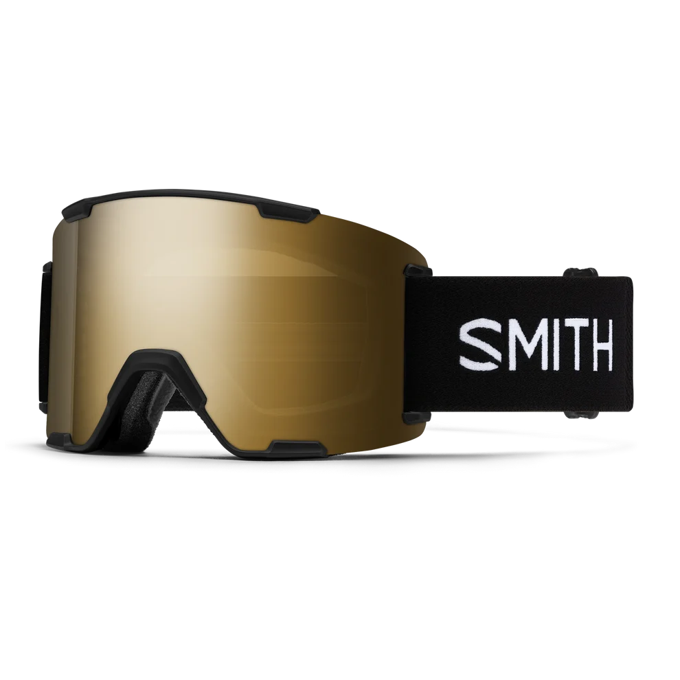 Smith Stash XL Asian Fit ski goggles with a large gold-tinted lens, black frame, and a black adjustable strap featuring the white Smith logo.