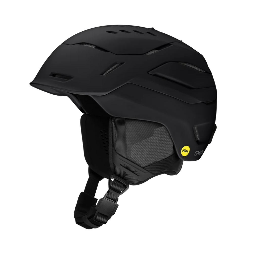 Side view of a black Smith Vantage 2 MIPS Helmet featuring Hybrid SL shell construction, zonal Koroyd honeycomb structures, dual-regulator 40-vent climate control, and a BOA 360 Fit System dial.