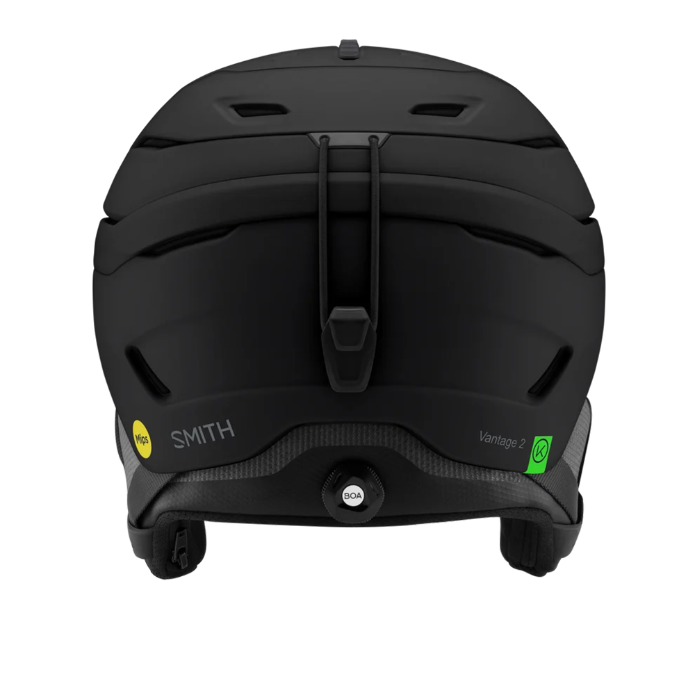 Rear view of a black Smith Vantage 2 MIPS Helmet featuring Hybrid SL shell construction, zonal Koroyd honeycomb structures, dual-regulator 40-vent climate control, and a BOA 360 Fit System dial.