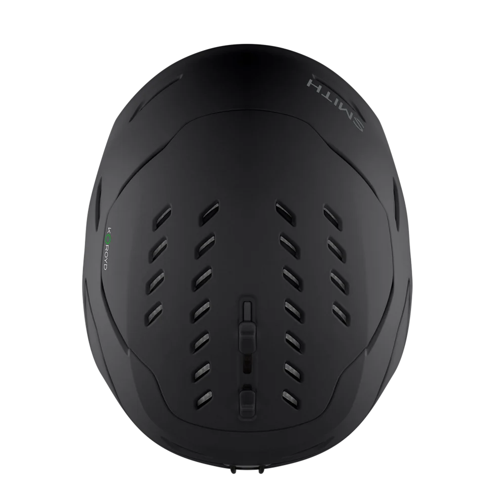 Top view of a black Smith Vantage 2 MIPS Helmet featuring Hybrid SL shell construction, zonal Koroyd honeycomb structures, dual-regulator 40-vent climate control, and a BOA 360 Fit System dial.