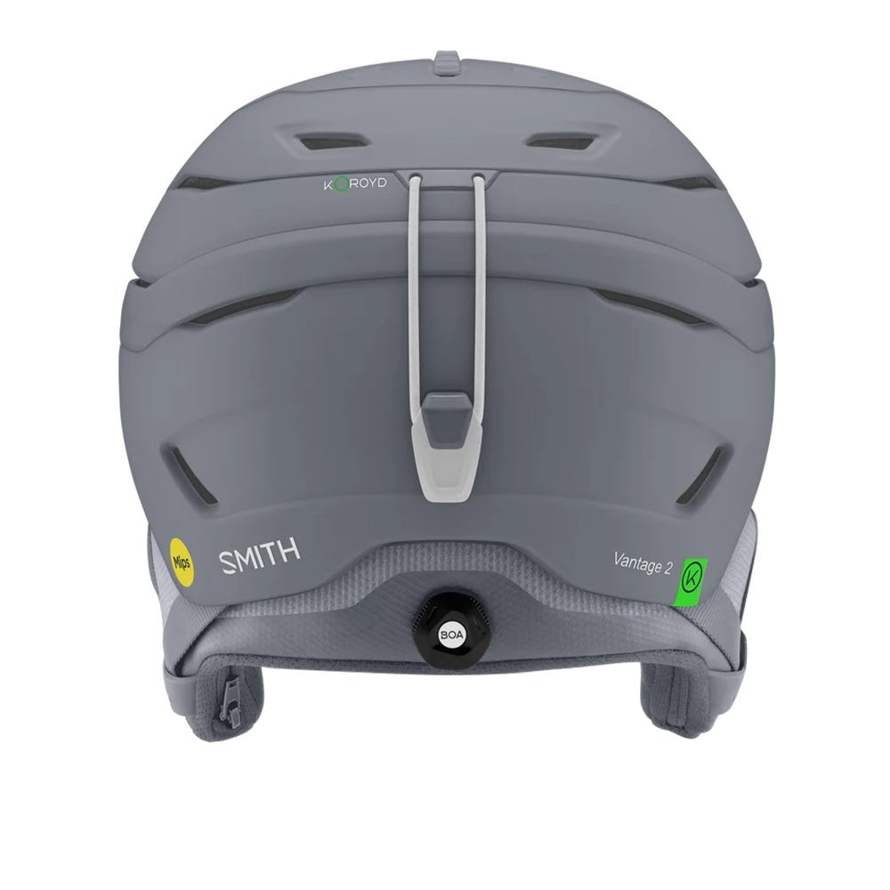 Rear view of a grey Smith Vantage 2 MIPS Helmet featuring Hybrid SL shell construction, zonal Koroyd honeycomb structures, dual-regulator 40-vent climate control, and a BOA 360 Fit System dial.
