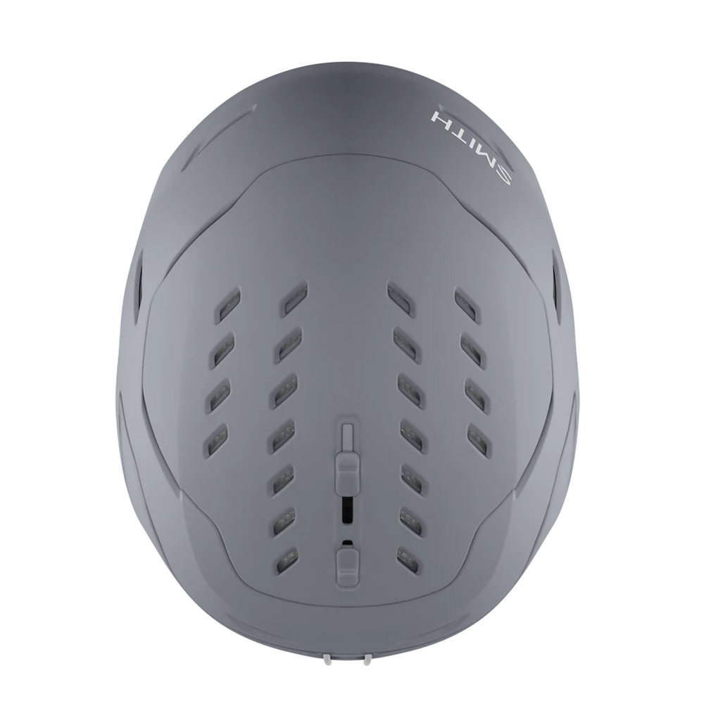 Top view of a grey Smith Vantage 2 MIPS Helmet featuring Hybrid SL shell construction, zonal Koroyd honeycomb structures, dual-regulator 40-vent climate control, and a BOA 360 Fit System dial.
