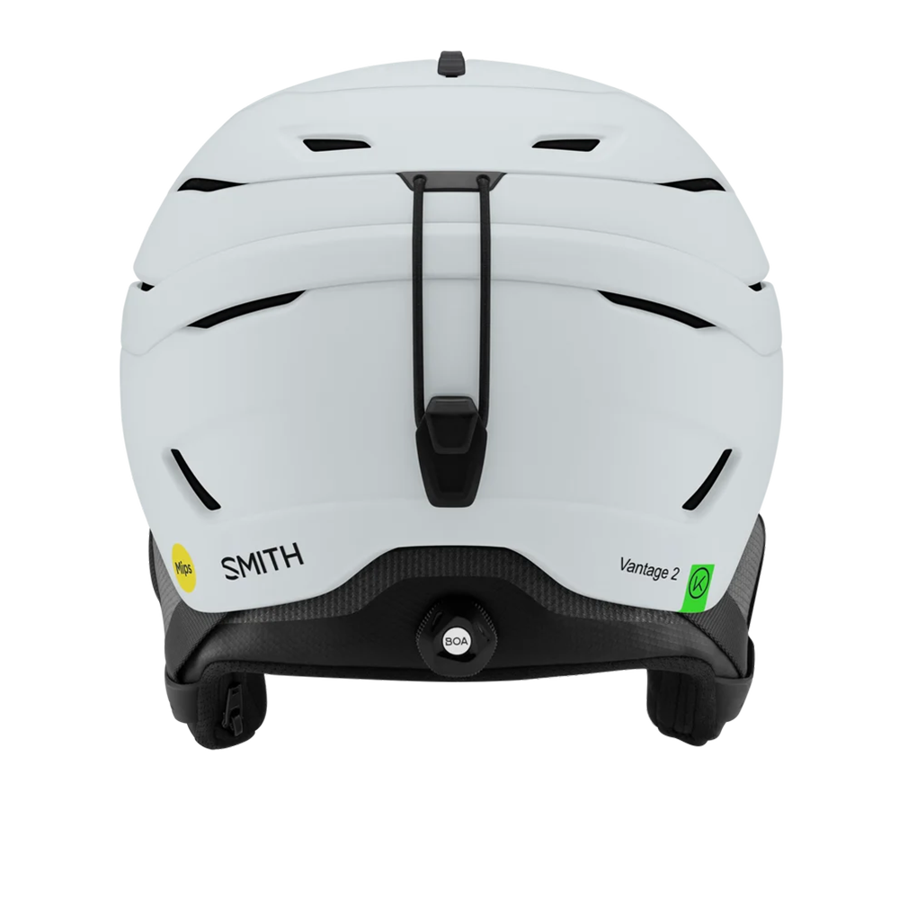 Rear view of a white Smith Vantage 2 MIPS Helmet featuring Hybrid SL shell construction, zonal Koroyd honeycomb structures, dual-regulator 40-vent climate control, and a BOA 360 Fit System dial.