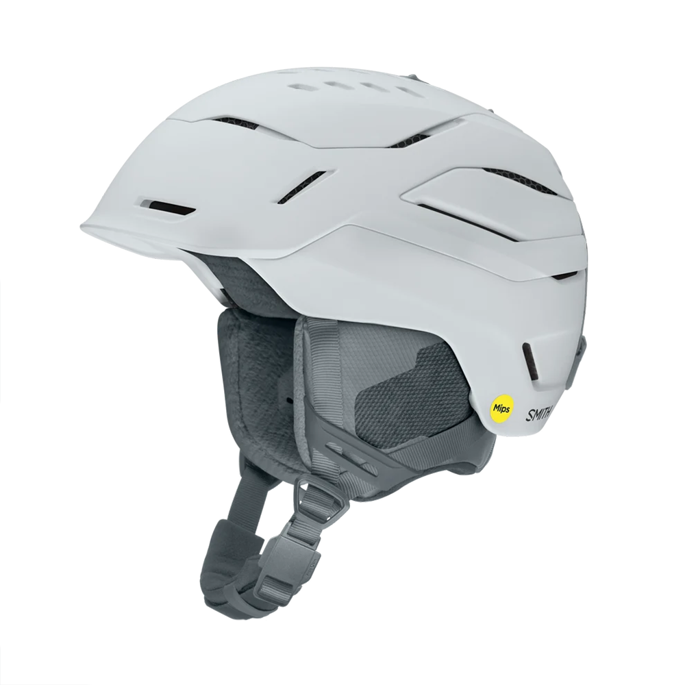 Side view of a white Smith Vantage 2 MIPS Helmet featuring Hybrid SL shell construction, zonal Koroyd honeycomb structures, dual-regulator 40-vent climate control, and a BOA 360 Fit System dial.