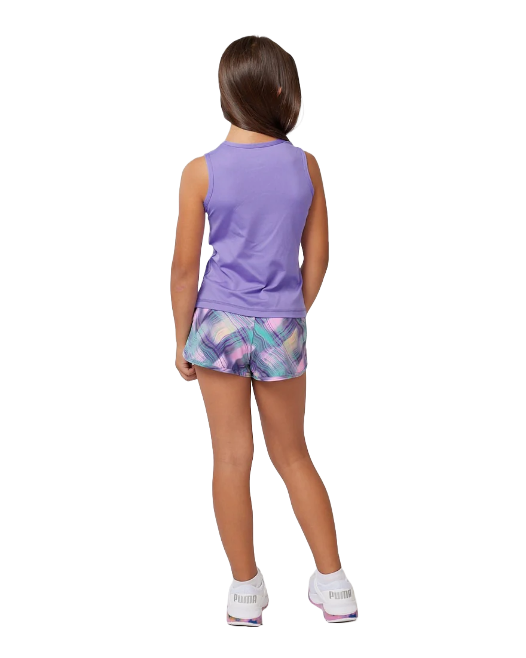 A girl wearing a purple Sofibella Girls UV Tank Top on a white background