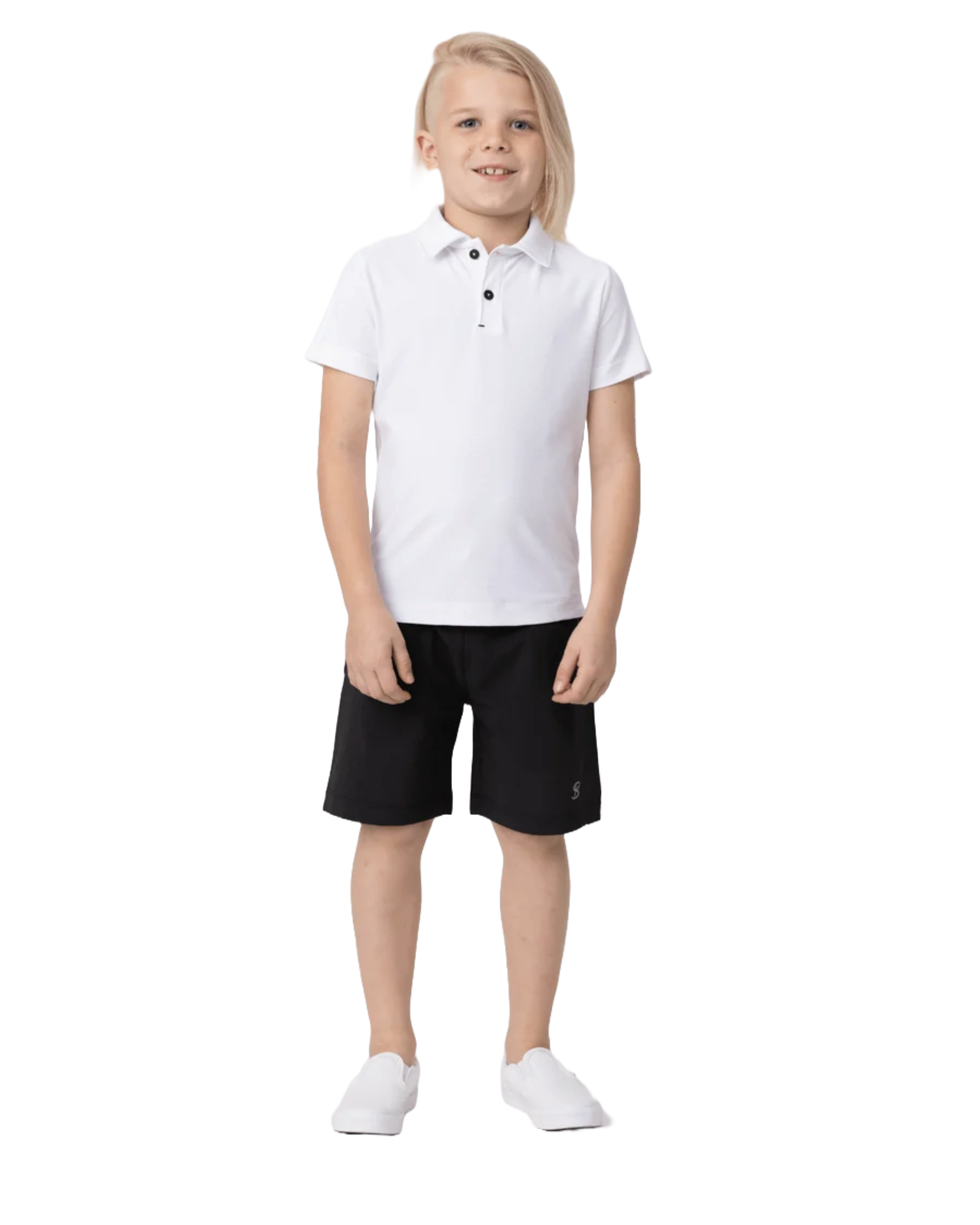 Sofibella SB Boys' Short Sleeve Polo featuring lightweight performance fabric, breathable comfort, and a classic athletic fit.