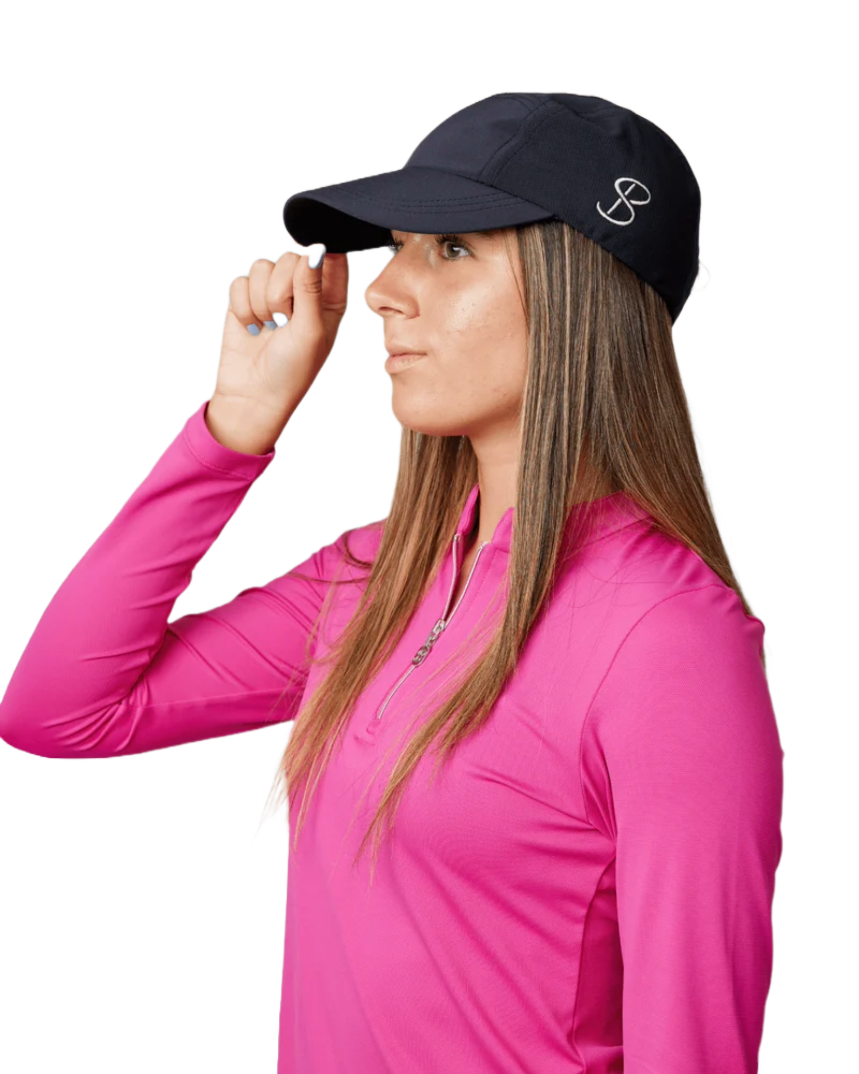 A woman wearing a black Sofibella Staples Snap Cap on a white background.