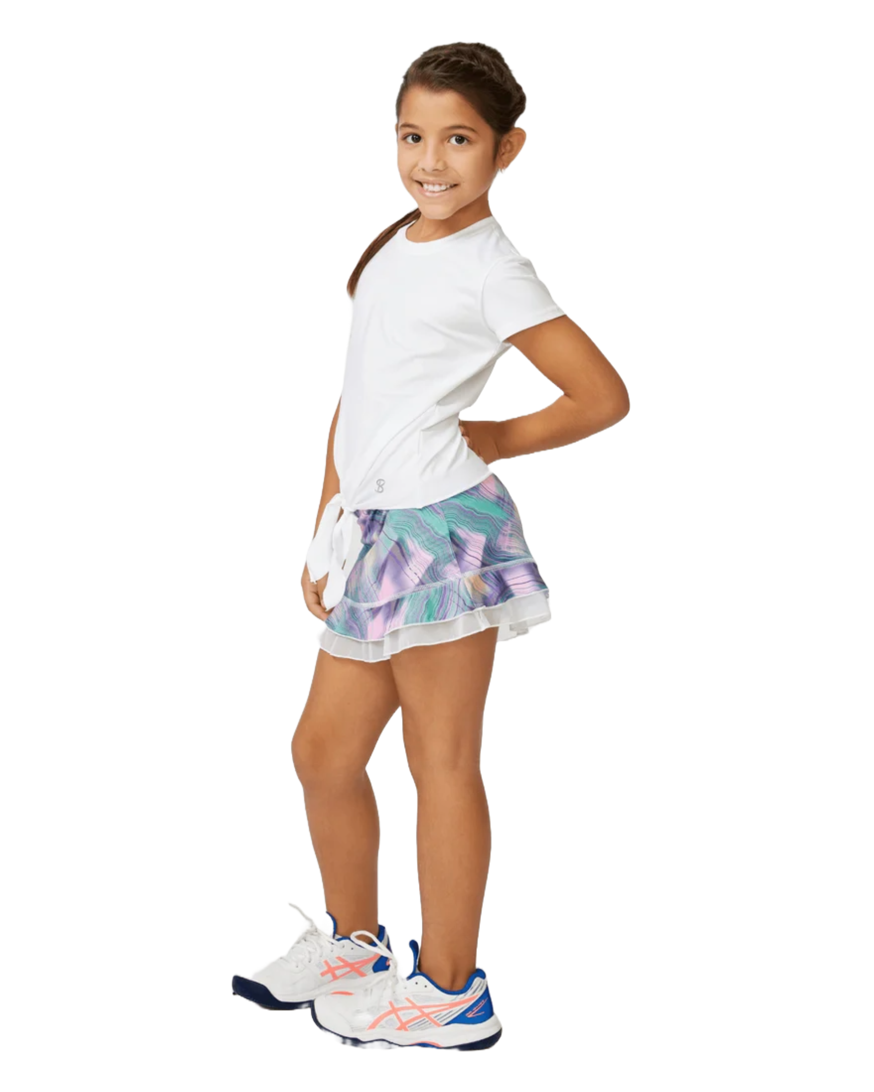 A girl wearing a white Sofibella UV Girls Cap Sleeve Tie T-Shirt on a white background