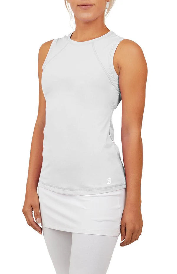 A woman wearing a white Sofibella Women's UV Colours Sleeveless Top on a white background.