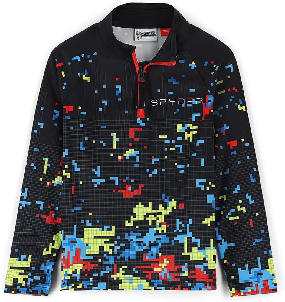 A black Spyder Boys' Mini Digital 1/2 Zip Turtleneck Midlayer Sweater with a multicolored geometric pattern.
