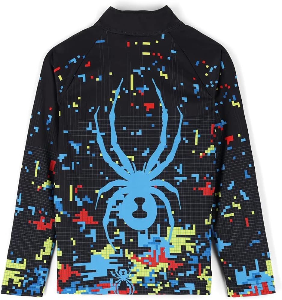 A black Spyder Boys' Mini Digital 1/2 Zip Turtleneck Midlayer Sweater with a multicolored geometric pattern.