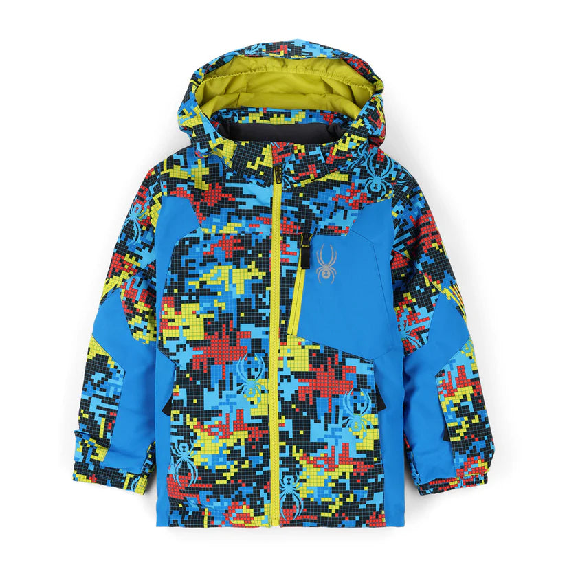 A Spyder Boys' Mini Leader ski jacket with a blue and multicolor color scheme, featuring a hood, zippered pockets, and designed for warmth and mobility.