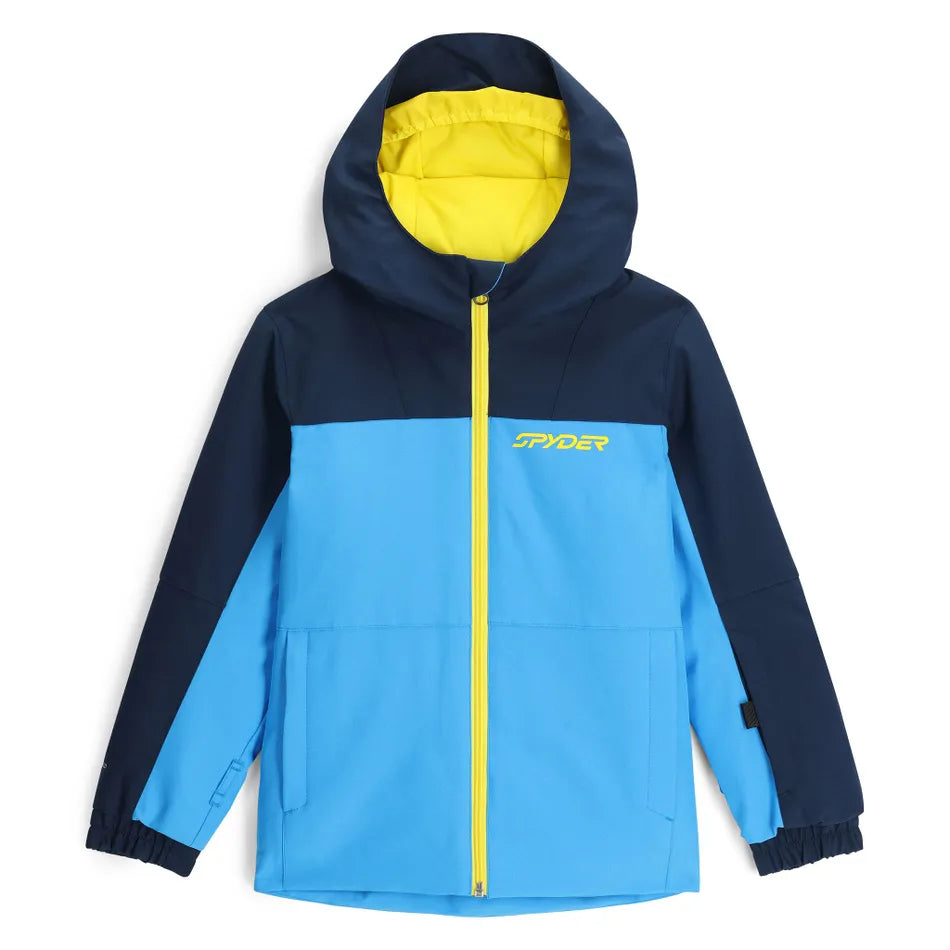 A light blue and navy blue Spyder Boys' Mini Slash Ski Jacket that is waterproof, breathable, stretchable, and insulated.