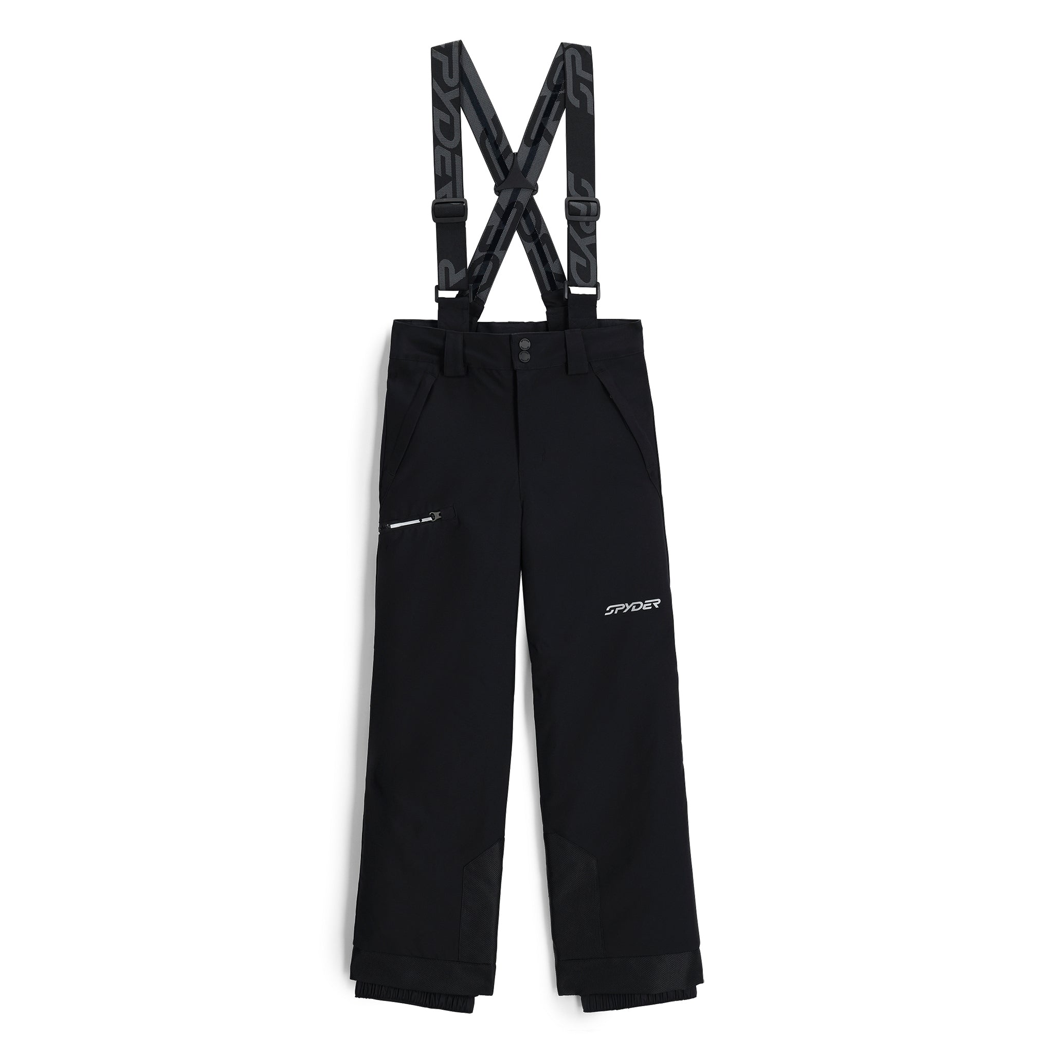 A pair of black Spyder Boys' Propulsion Ski Pants that are waterproof, insulated, breathable, and stretchable.