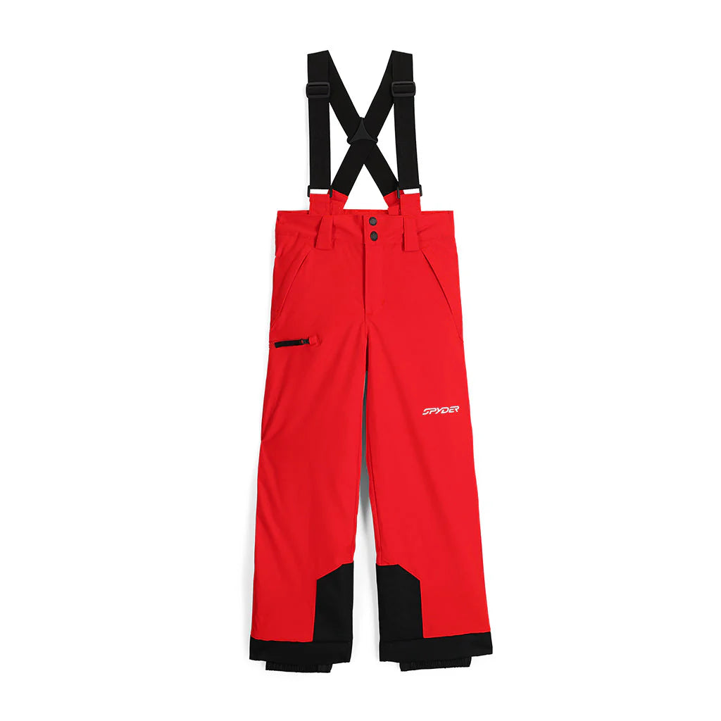 A pair of red Spyder Boys' Propulsion Ski Pants that are waterproof, insulated, breathable, and stretchable.