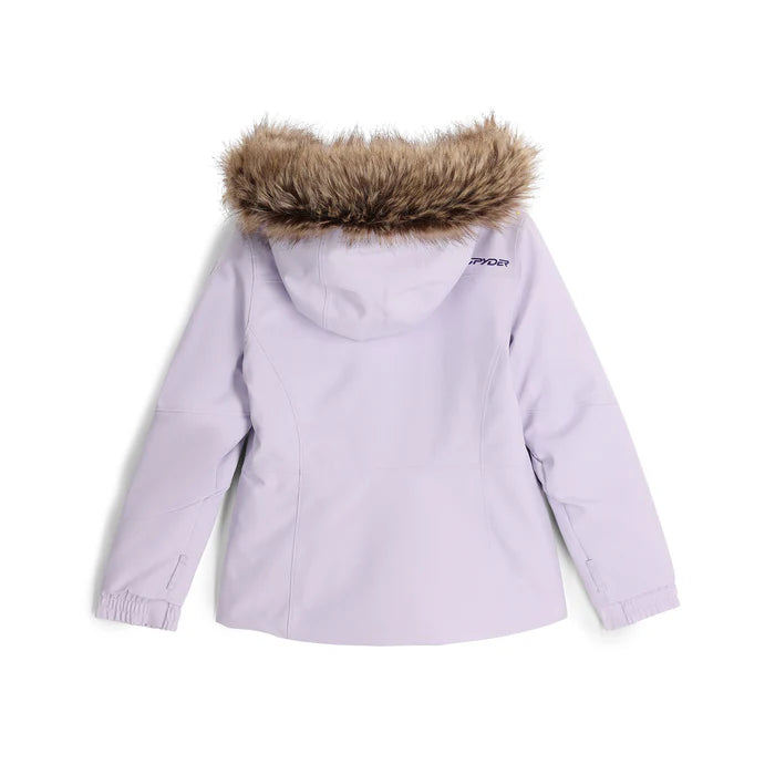 A Spyder Girls' Bitsy Lola Ski Jacket in purple with a faux fur hood, featuring a front zipper and a detachable hood.