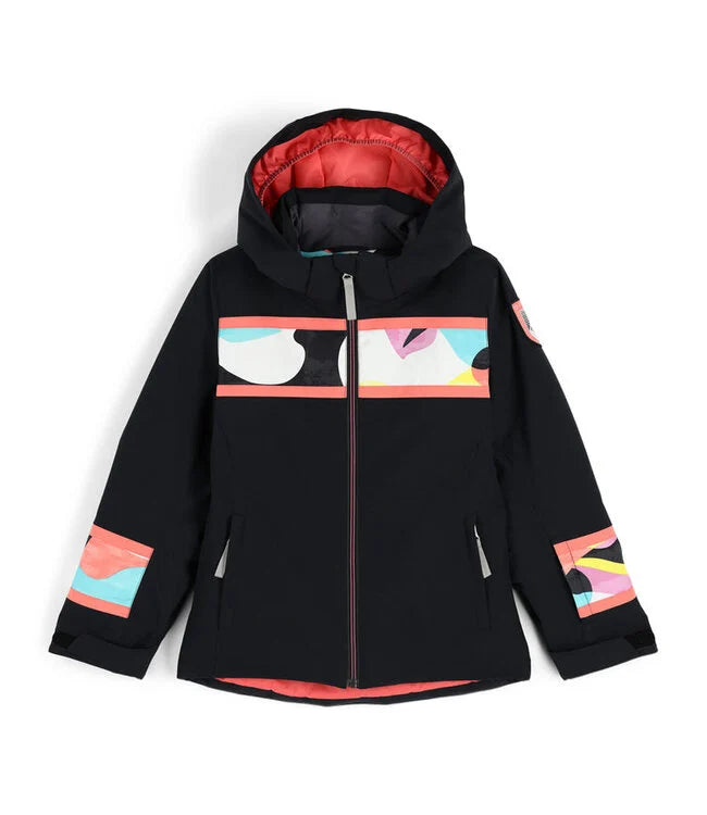 A black and multicolored Spyder Girls' Mila Ski Jacket that is waterproof, breathable, stretchable, and insulated.
