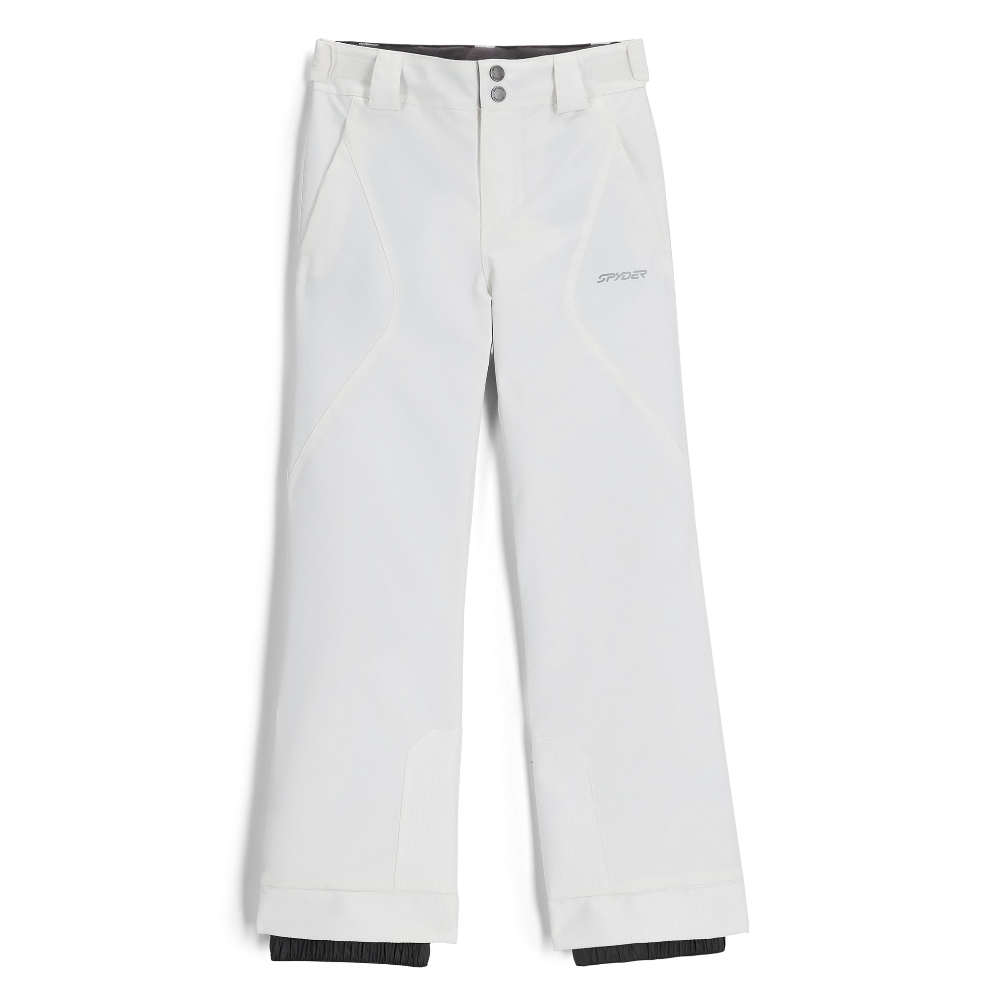 A pair of white Spyder Girls' Olympia Ski Pants that is waterproof and insulated with adjustable waist, belt loops, and back pockets.
