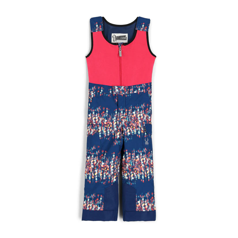 A pair of pink and navy Spyder Girls' Sparkle Bib Ski Pants that are waterproof, breathable, stretchable, and insulated.