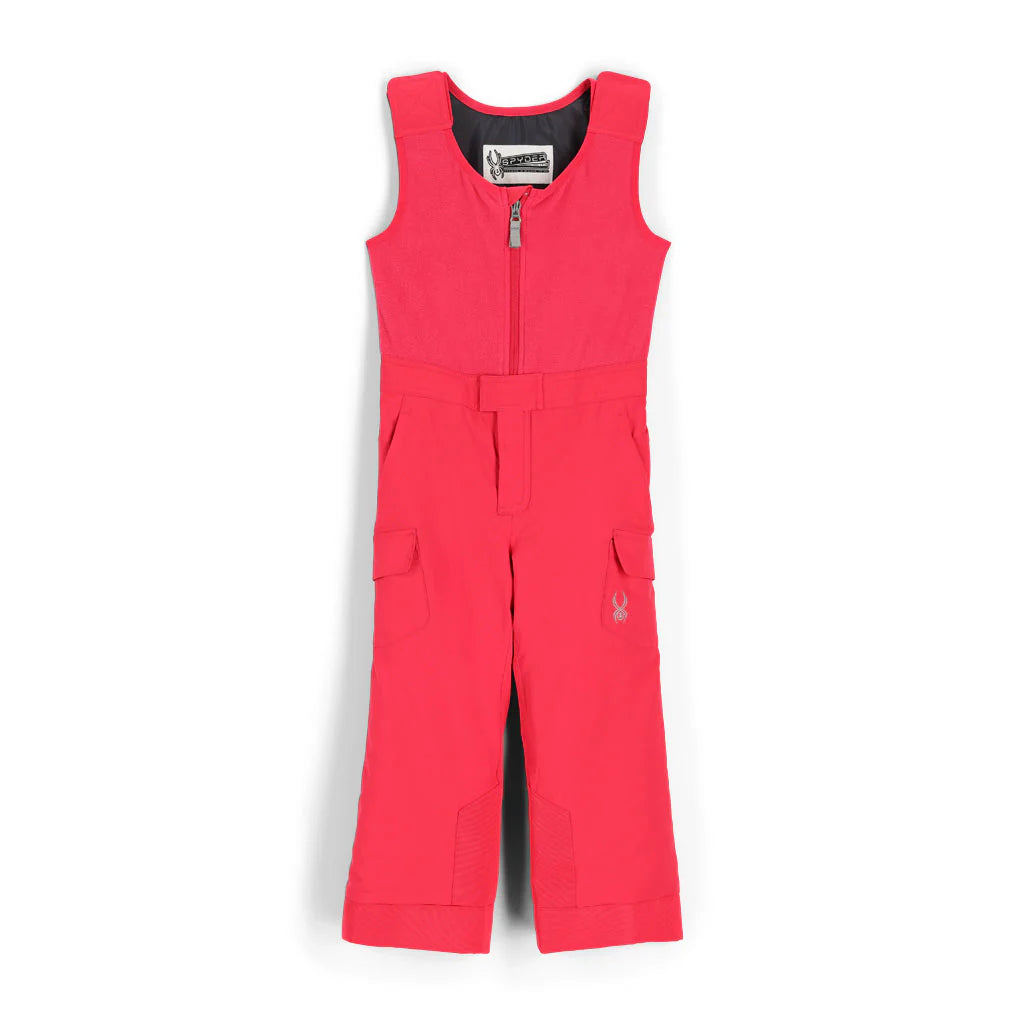 A pair of pink Spyder Girls' Sparkle Bib Ski Pants that are waterproof, breathable, stretchable, and insulated.