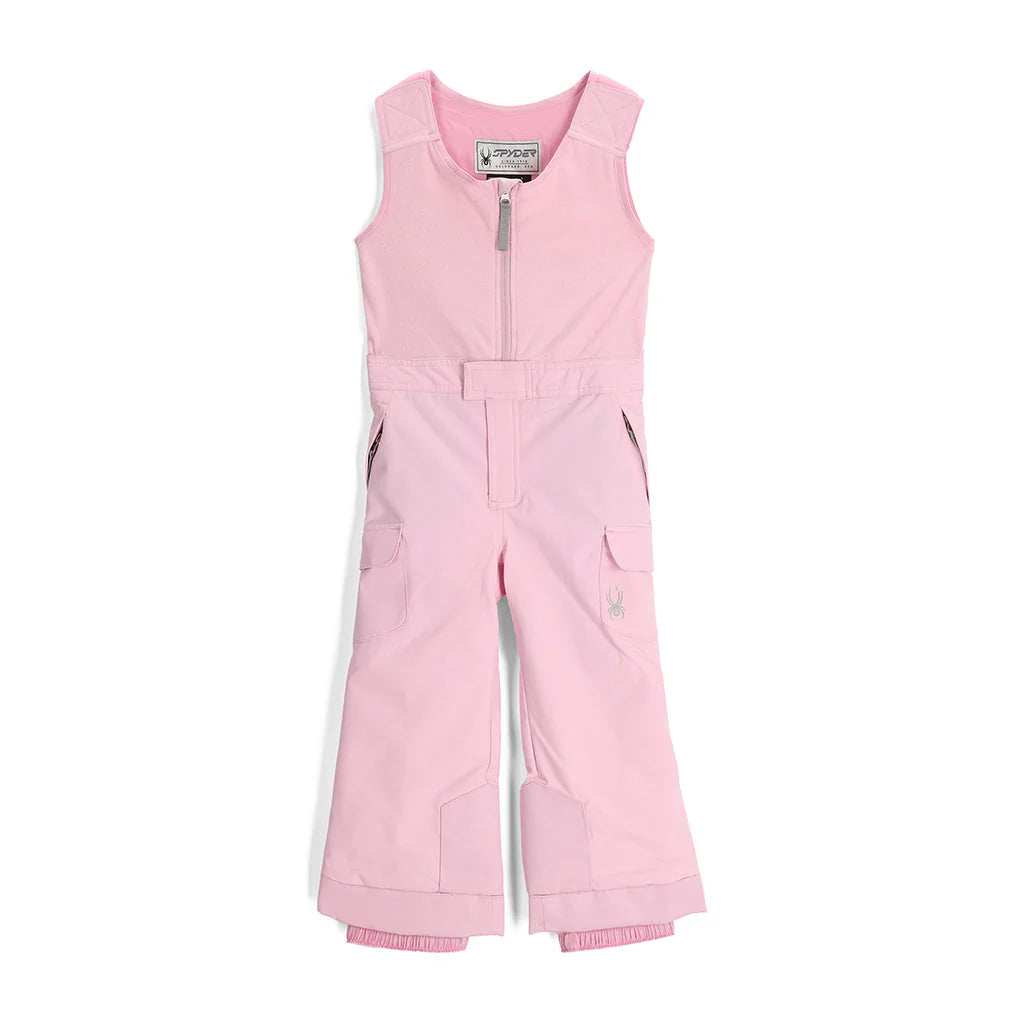 A pair of light pink Spyder Girls' Sparkle Bib Ski Pants that are waterproof, breathable, stretchable, and insulated.