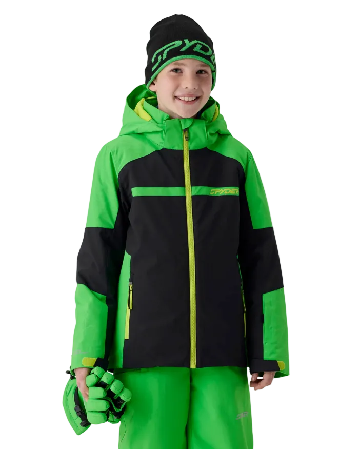 A boy wearing a Spyder Boys’ Challenger Jacket featuring EXO SHIELD 10K stretch recycled polyester shell, synthetic down insulation, fixed helmet-compatible hood, fixed powder skirt, and YKK® Vislon zippers.