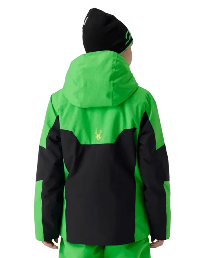 A boy wearing a Spyder Boys’ Challenger Jacket featuring EXO SHIELD 10K stretch recycled polyester shell, synthetic down insulation, fixed helmet-compatible hood, fixed powder skirt, and YKK® Vislon zippers.