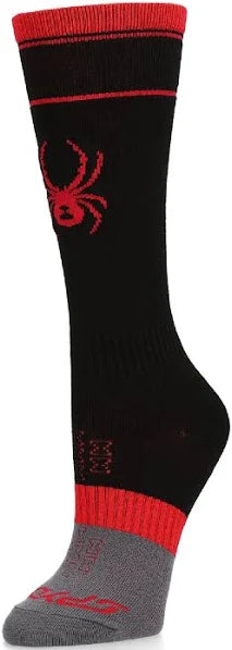 A pair of black and red Spyder Junior Bug Liner Ski Socks that are breathable, stretchable, and moisture-wicking.