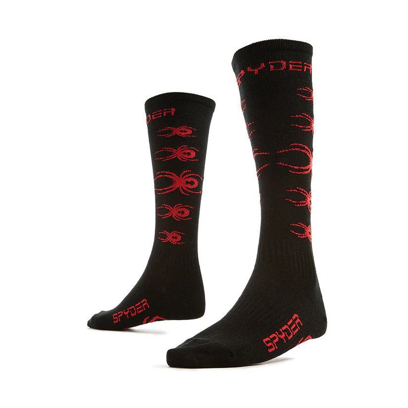 A pair of black and red Spyder Junior Bug Liner Ski Socks that are breathable, stretchable, and moisture-wicking.