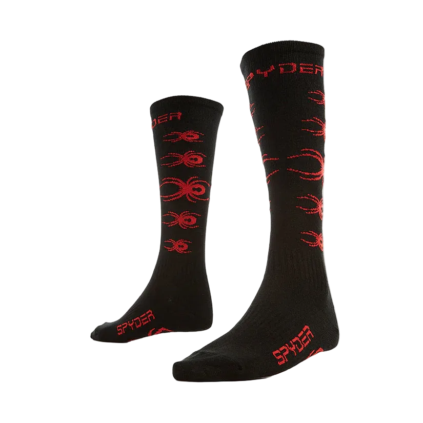 A pair of black and red Spyder Junior Bug Liner Ski Socks that are breathable, stretchable, and moisture-wicking.