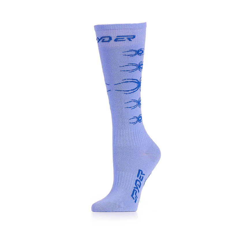 A pair of purple Spyder Junior Bug Liner Ski Socks that are breathable, stretchable, and moisture-wicking.