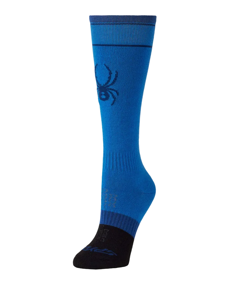 A Spyder Jr Bug Liner Ski Sock featuring high-density stretch performance knit, moisture-wicking synthetic blend, elastic arch support, and flat-knit toe construction.