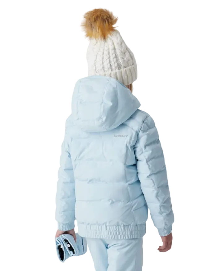 A girl wearing a Spyder Girls’ Zadie Synthetic Down Jacket featuring EXO SHIELD 10K stretch shell, high-loft synthetic down insulation, fixed helmet-compatible hood, and YKK® Vislon zippers.