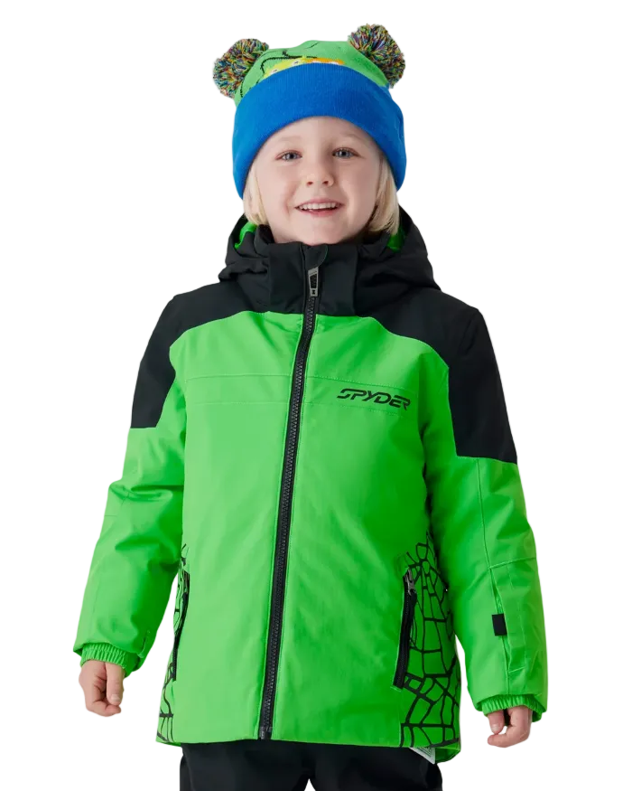 A child wearing a Spyder Little Boys’ Challenger Jacket featuring EXO SHIELD 10K stretch recycled polyester shell, synthetic down insulation, critically taped seams, fixed helmet-compatible hood, and inner stretch thumbhole cuff gaiters.