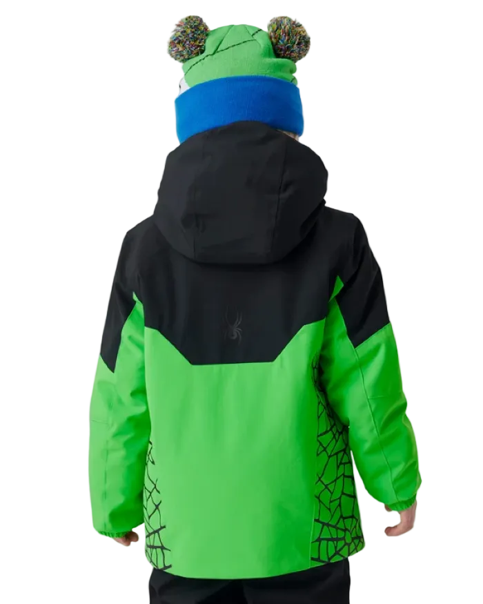 A child wearing a Spyder Little Boys’ Challenger Jacket featuring EXO SHIELD 10K stretch recycled polyester shell, synthetic down insulation, critically taped seams, fixed helmet-compatible hood, and inner stretch thumbhole cuff gaiters.