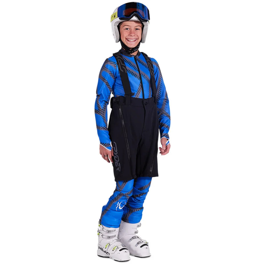 Spyder JR Softshell Training Ski Shorts featuring insulated softshell fabric, full-length side zippers, adjustable waistband, and junior race training performance.
