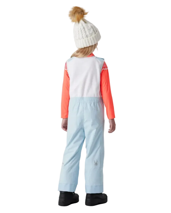 A child wearing a Spyder Toddler Expedition Pants featuring EXO SHIELD stretch waterproof-breathable shell, taped seams, adjustable shoulder straps, and attached stretch fleece vest.