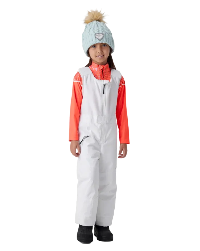 A child wearing a Spyder Toddler Expedition Pants featuring EXO SHIELD stretch waterproof-breathable shell, taped seams, adjustable shoulder straps, and attached stretch fleece vest.