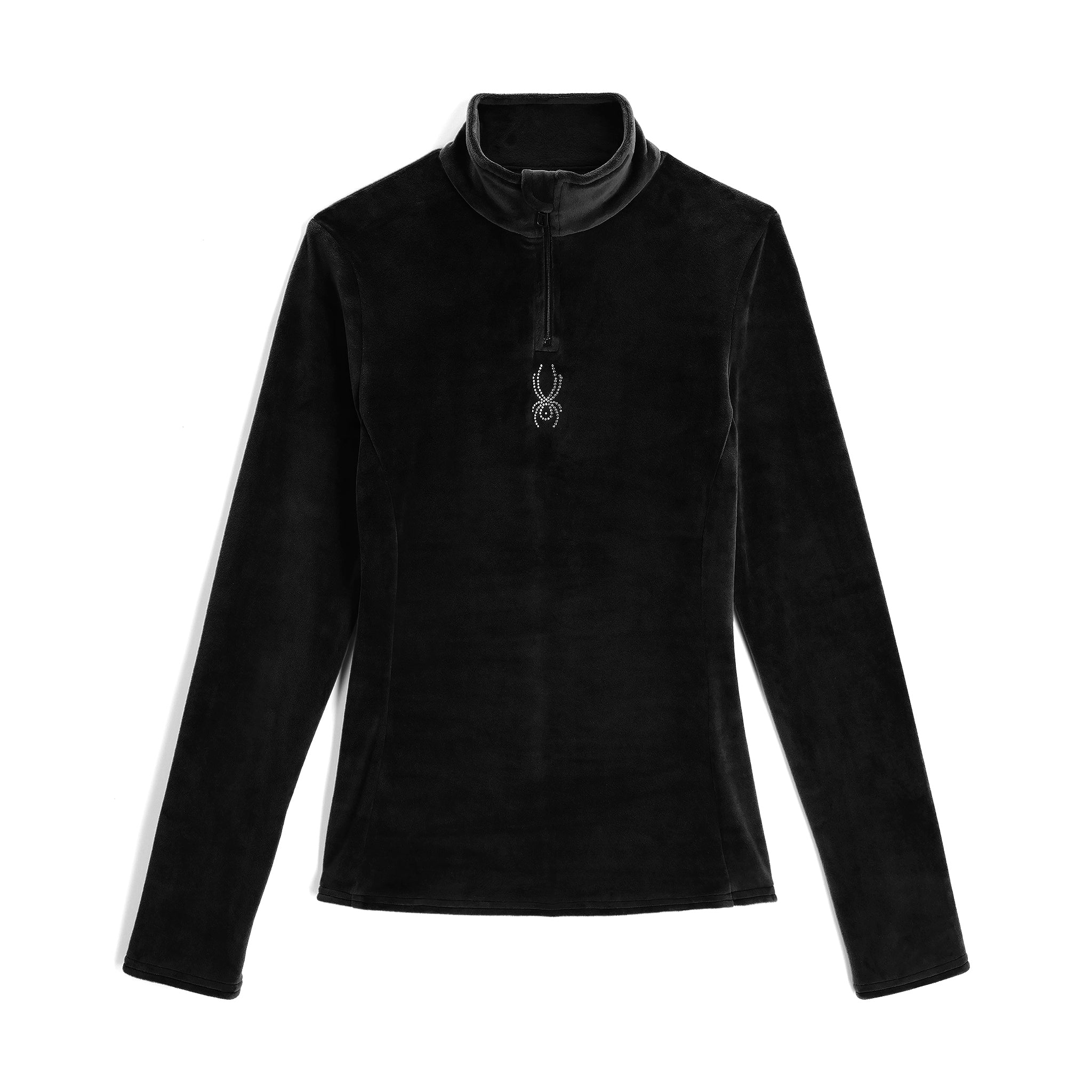 A black Spyder Women's Shimmer Bug 1/2 Zip Turtleneck sweater that is breathable, moisture-wicking, and is made from a premium soft velour fabric.