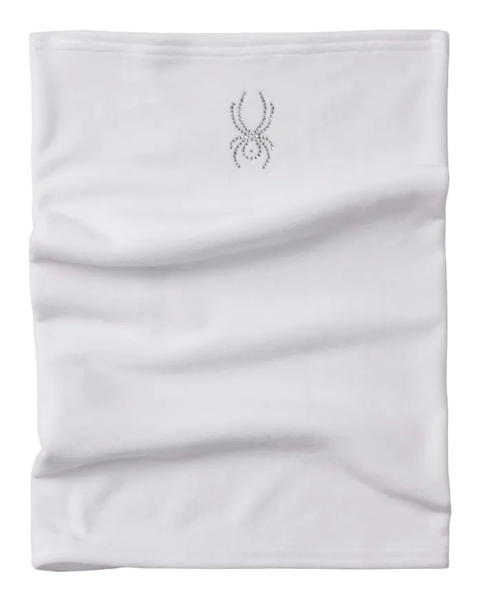 A Spyder Women’s Shimmer Neck Tube featuring 4-way stretch technical knit, seamless anti-chafe construction, shimmer yarn accents, and jeweled crystal logo.