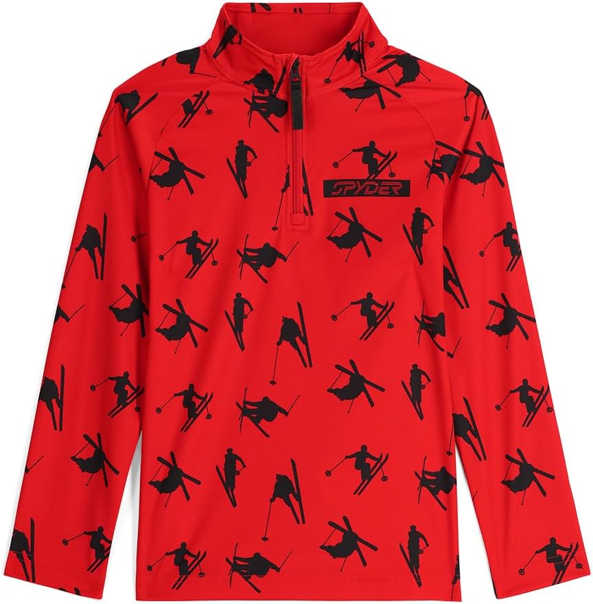 A red and black Spyder Boys' Ski Day Turtleneck Midlayer Sweater that is breathable, stretchable, and moisture-wicking.