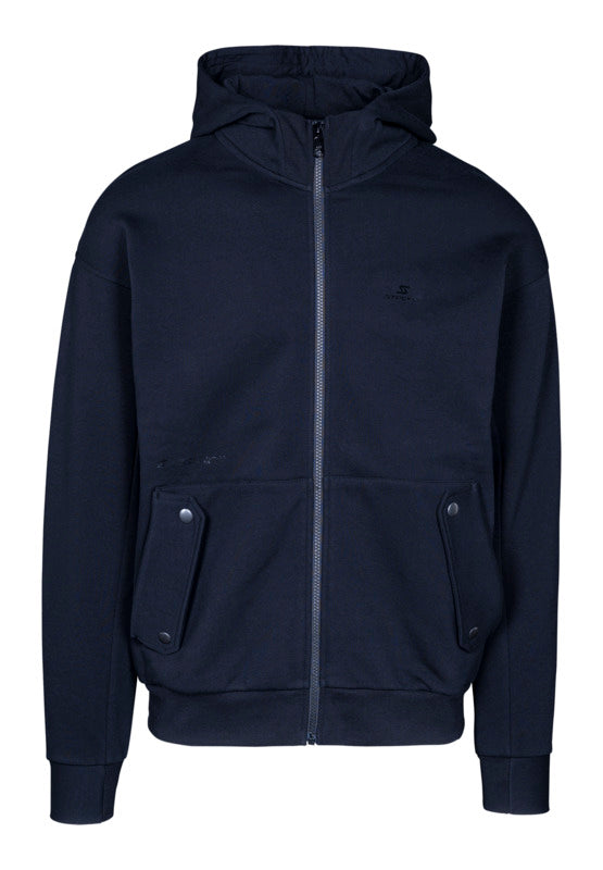 Stöckli Men's Urban Hoody Full Zip featuring soft cotton-blend fleece, brushed interior, adjustable hood, zippered pockets, and premium alpine-inspired style.