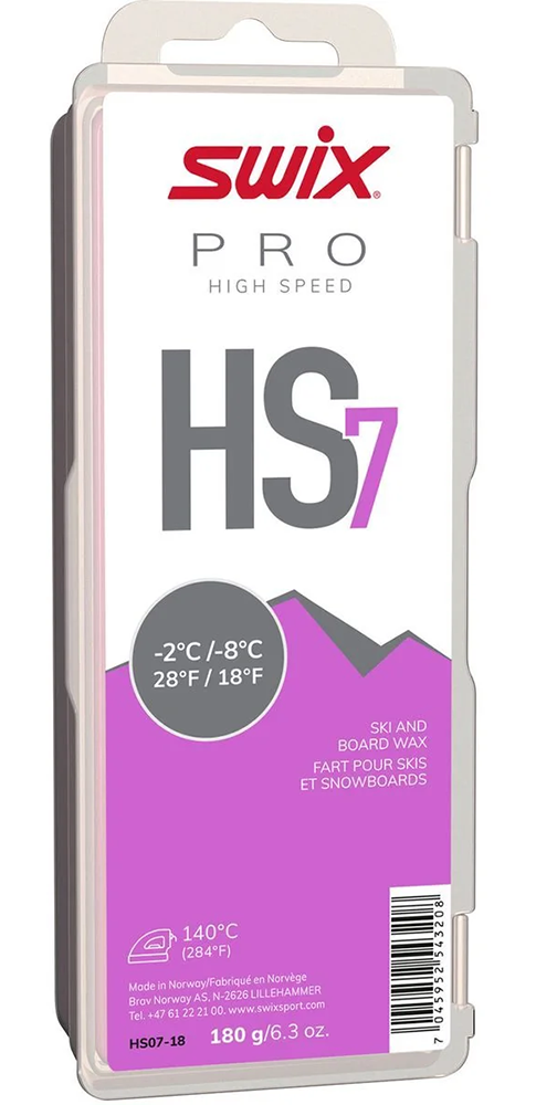 Swix HS7 Violet -2°C/-8°C Ski Wax - 180g showing solid rectangular violet hydrocarbon wax block, debossed logo and temperature specifications, large-format protective case, and 150°C iron temperature recommendation.
