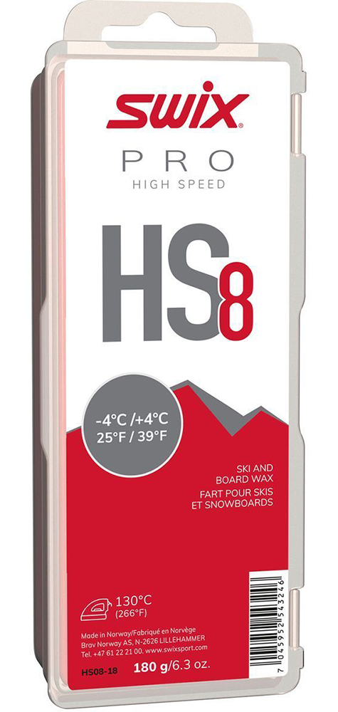 Swix HS8 Red -4°C/+4°C Ski Wax - 180g showing solid rectangular red hydrocarbon wax block, debossed logo and temperature range specifications, large-format protective packaging box, and 130°C iron temperature recommendation.